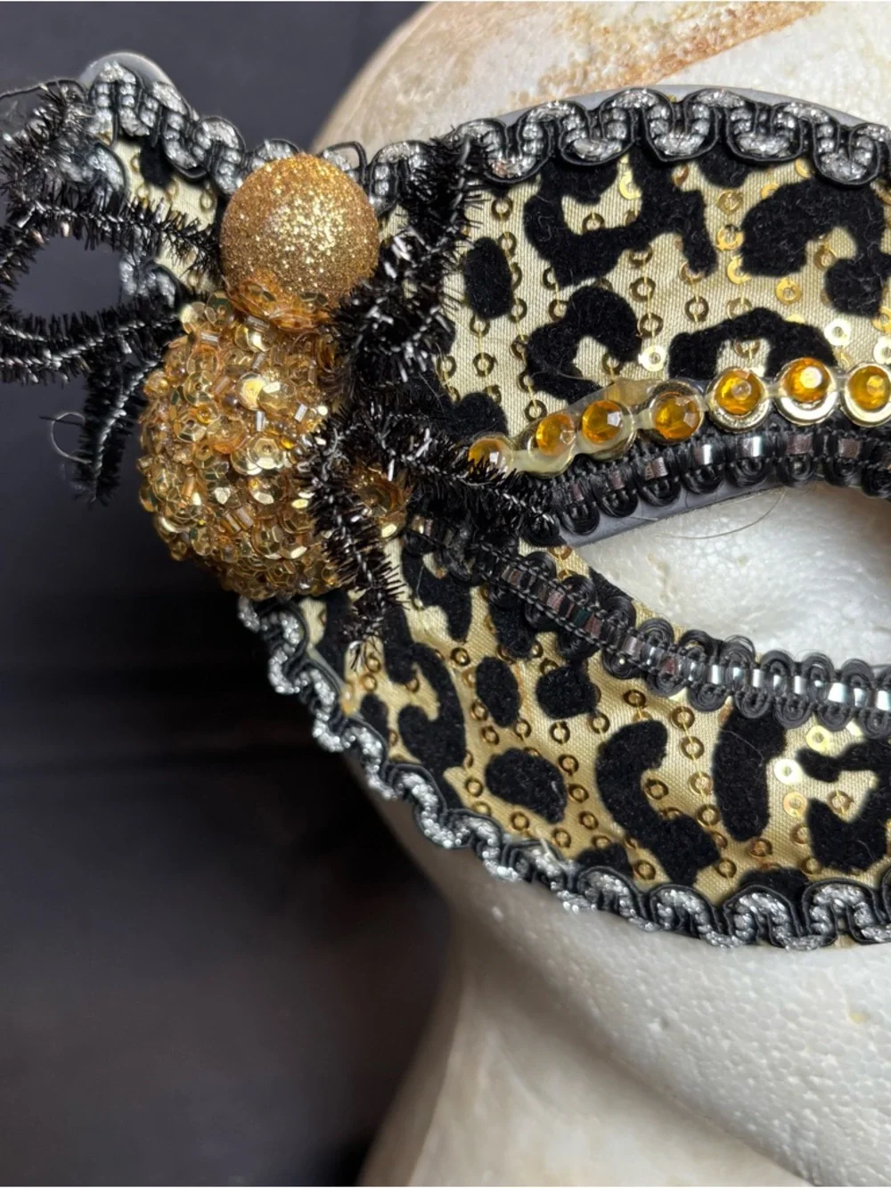 Leopard Print Beaded Sequin Masquerade Eye Mask with Spider on the side